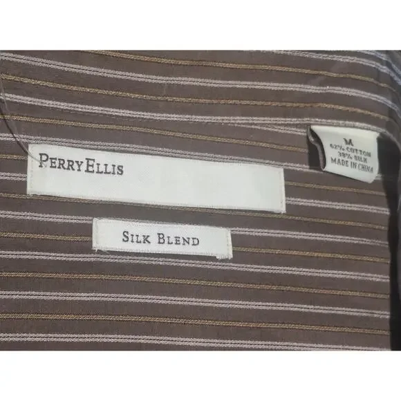 Perry Ellis Shirt Mens M Brown Striped Silk Blend Hidden Button Dress NWT - Picture 2 of 6